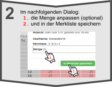Stückzahl ändern und in der Merkliste speichern